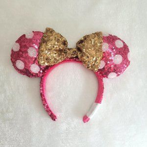 Disney | Minnie Mouse Sequin Ear Headband with Sequin Polka Dot Bow Pink Gold